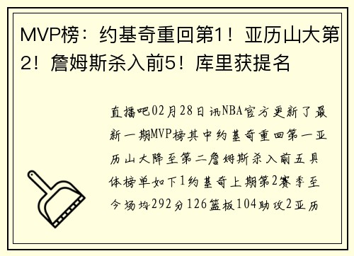 MVP榜：约基奇重回第1！亚历山大第2！詹姆斯杀入前5！库里获提名