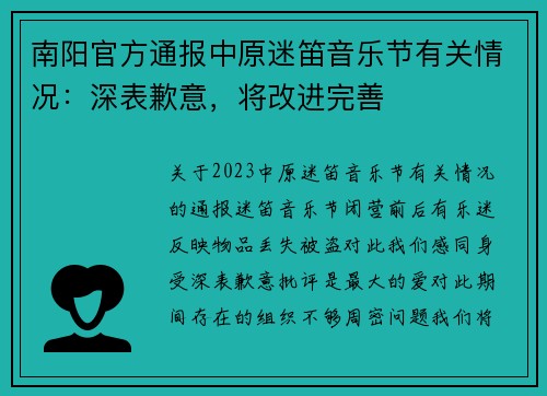南阳官方通报中原迷笛音乐节有关情况：深表歉意，将改进完善