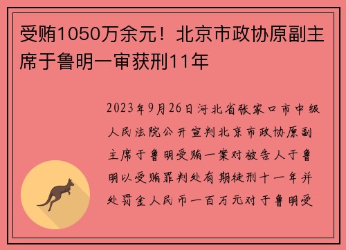 受贿1050万余元！北京市政协原副主席于鲁明一审获刑11年