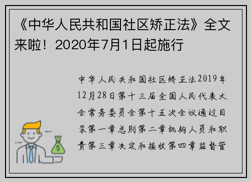 《中华人民共和国社区矫正法》全文来啦！2020年7月1日起施行