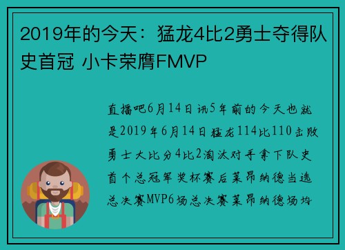 2019年的今天：猛龙4比2勇士夺得队史首冠 小卡荣膺FMVP