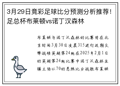 3月29日竞彩足球比分预测分析推荐！足总杯布莱顿vs诺丁汉森林