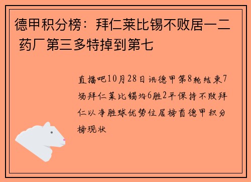 德甲积分榜：拜仁莱比锡不败居一二 药厂第三多特掉到第七